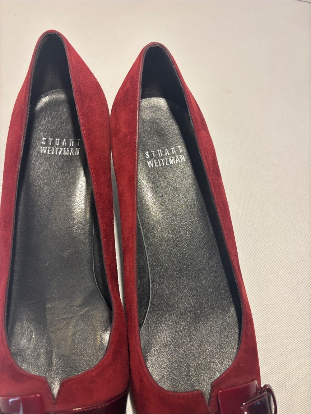 Stuart Weitzman Burgundy Suede & Patent Leather Front and Buckle Heel Pumps. 8.5 - Picture 8 of 10
